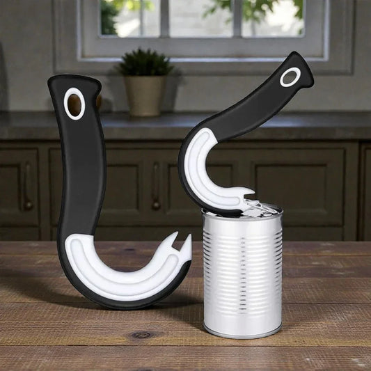 Ouvre-boîte ergonomique SkyGrip noir et blanc utilisé sur une boîte de conserve en cuisine