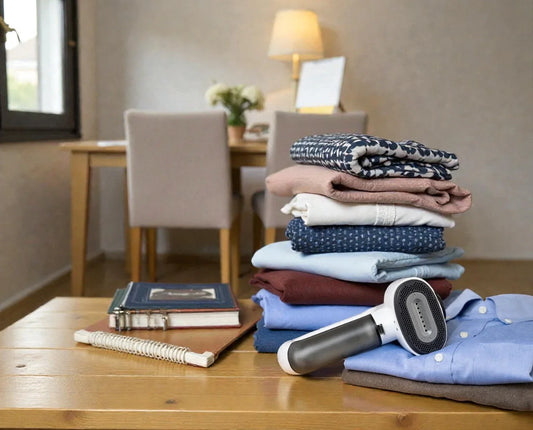 Steamer SkyGrip posé sur des vêtements pliés, table en bois, ambiance maison moderne