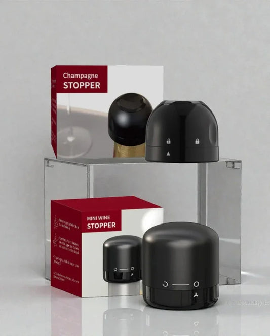 Bouchons à vin et champagne noirs SkyGrip avec emballage, accessoires de conservation sur fond gris