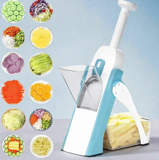 Mandoline SkyGrip pour légumes, coupe multifonction, avec tranches de légumes variées en présentation.