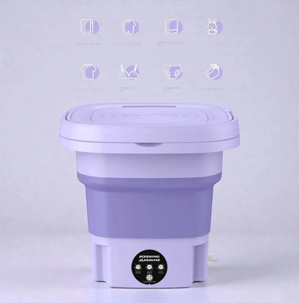 Mini machine à laver pliable SkyGrip compacte, couleur violette, sur fond clair.