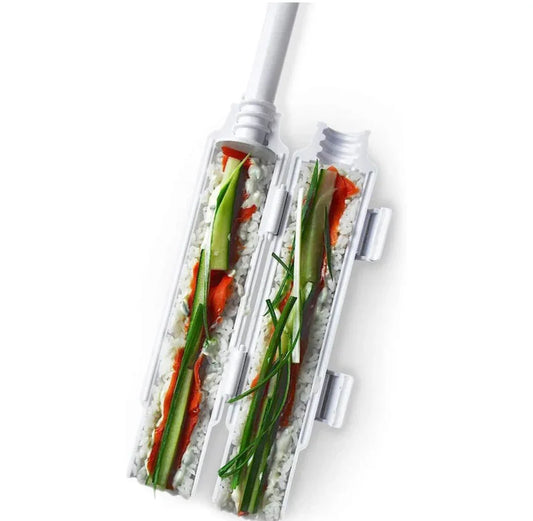 Moule à sushi SkyGrip ouvert avec riz, légumes et saumon, ustensile cuisine.