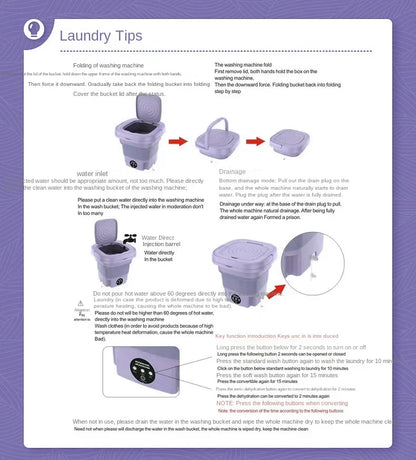 Instructions illustrées pour une mini machine à laver pliante SkyGrip, conseils lessive.