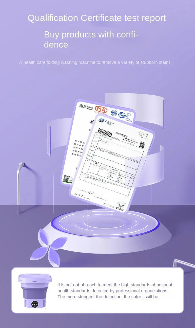 Certificat de test pour machine à laver pliante SkyGrip sur fond violet, conformité et sécurité