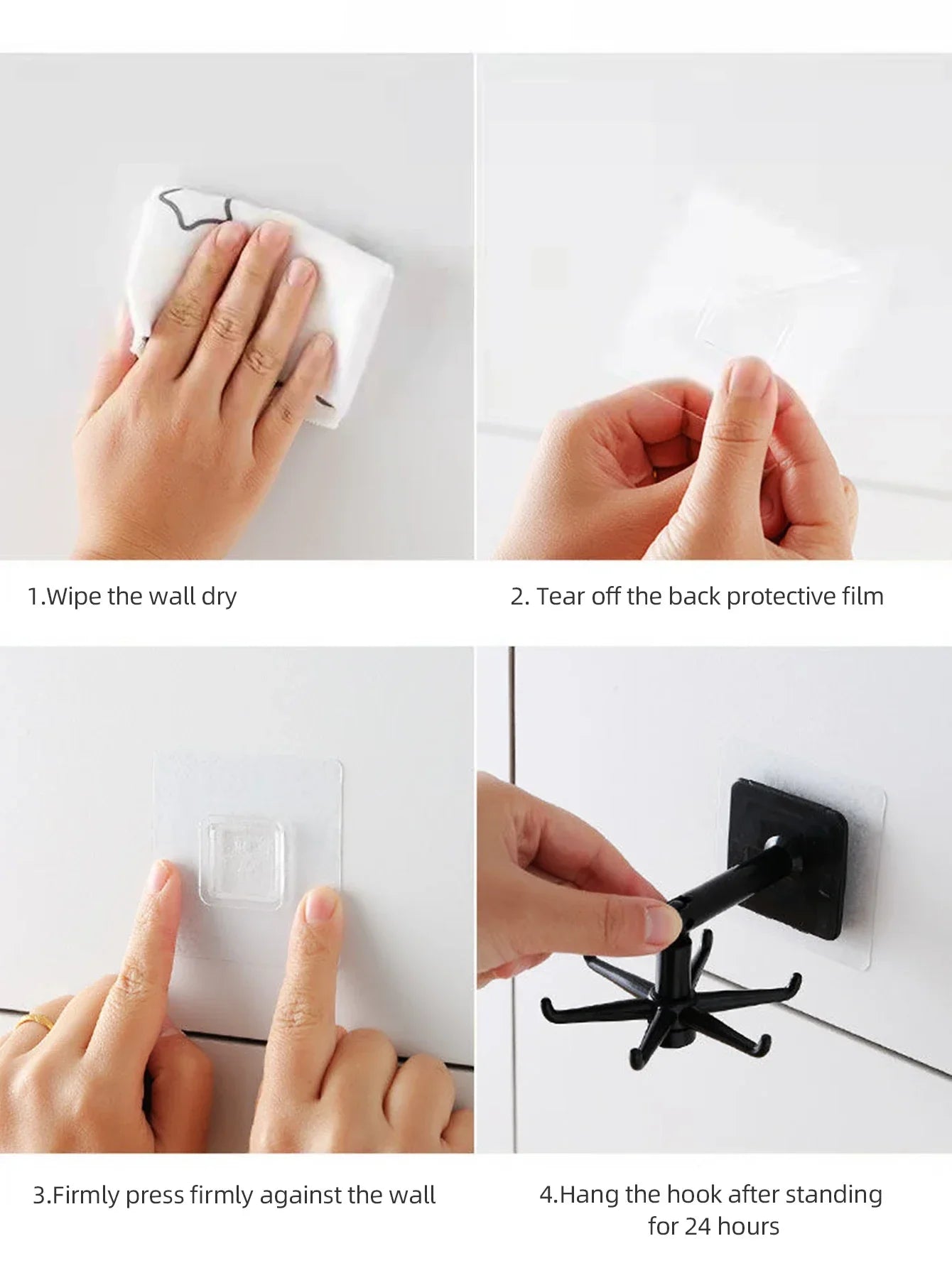 Guide d'installation d'un crochet mural adhésif SkyGrip sur une surface lisse, étapes illustrées.