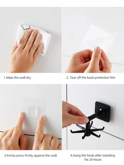 Guide d'installation d'un crochet mural adhésif SkyGrip sur une surface lisse, étapes illustrées.